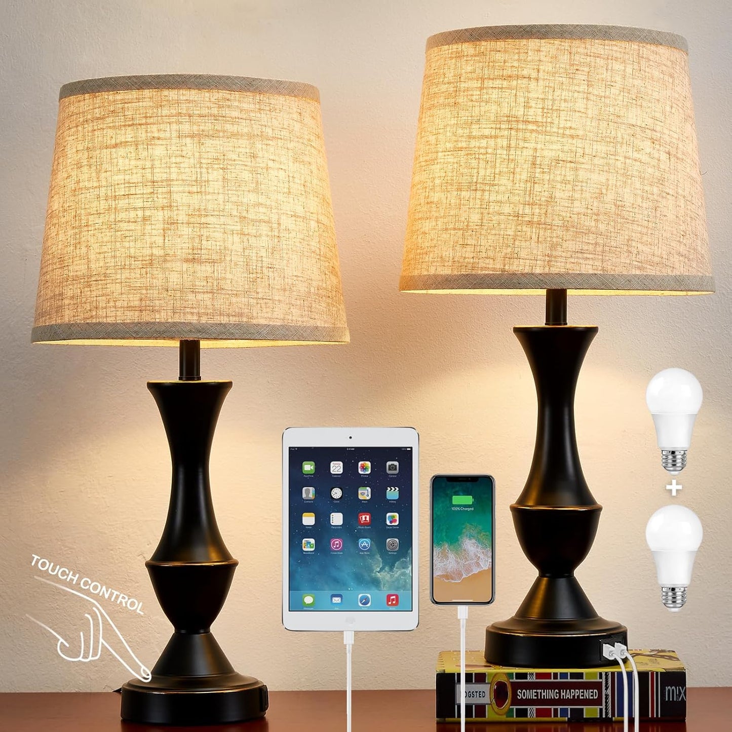 Upgraded Touch Table Lamps Set of 2, 22" Tall Bedside Lamps with USB C+A Ports, 3 Way Dimmable Nightstand Lamps for Bedroom, Living Room, Office, Black Lamp with Beige Lampshade, Bulb Included