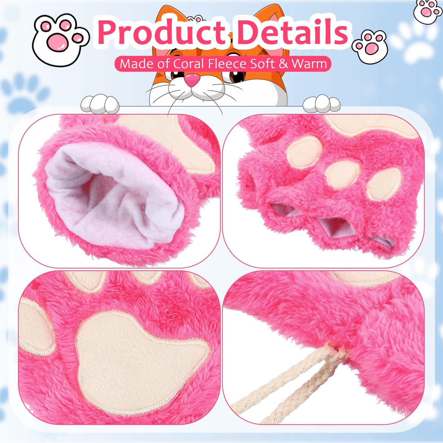 Geyoga 3 Pairs Cat Paw Gloves Kawaii Fur Plush Cat Bear Furry Paws Winter Fingerless Gloves for Girls Women Halloween Cosplay(Rose Red, Purple, Peacock Blue)