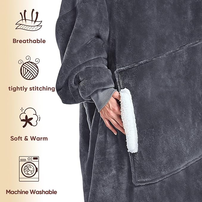 yescool Wearable Blanket Hoodie, Flannel Sherpa Fleece Blanket Sweatshirt for Adults Women Men,One Size Fits All