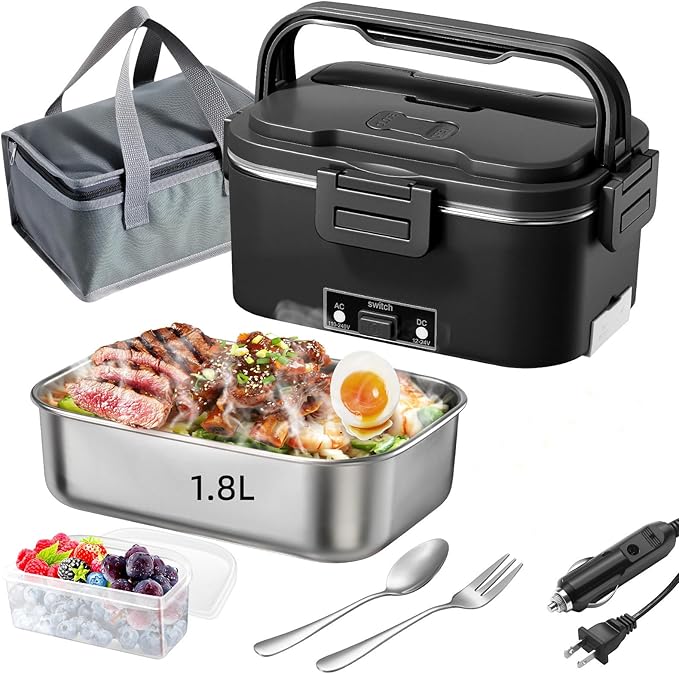 Electric Lunch Box for Adults 1.8L-80W Heated Lunch Box Food Warmer, ON/OFF Power Switch 12/24V/110V,Car, Truck, Work, Travel(Black) 1.8L Portable Fast Heating lunch box for men，