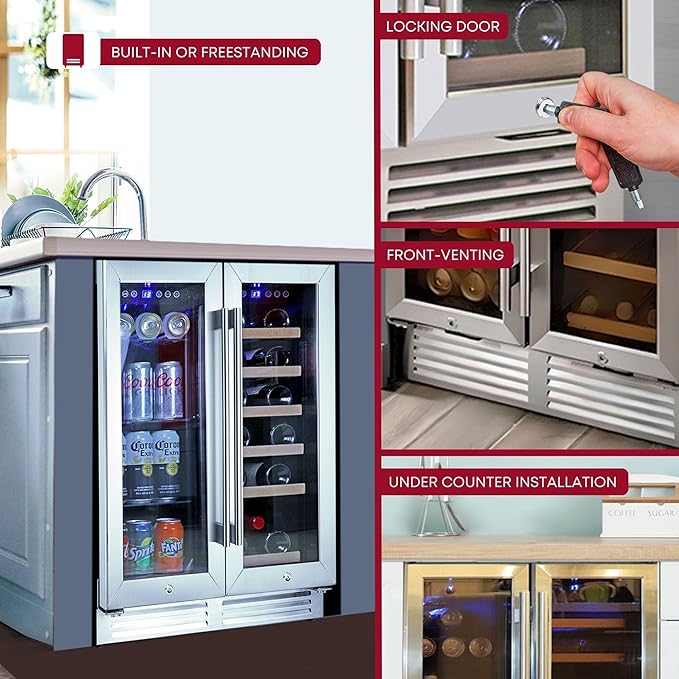 Koolatron Wine Fridge - Under Counter Wine Cooler, 18 Bottle & 56 Beverage Can Chiller, Built in Cabinet for Champagne, White & Redwines, Bar, Dual Zone Cellar, Stainless Steel Made In Canada