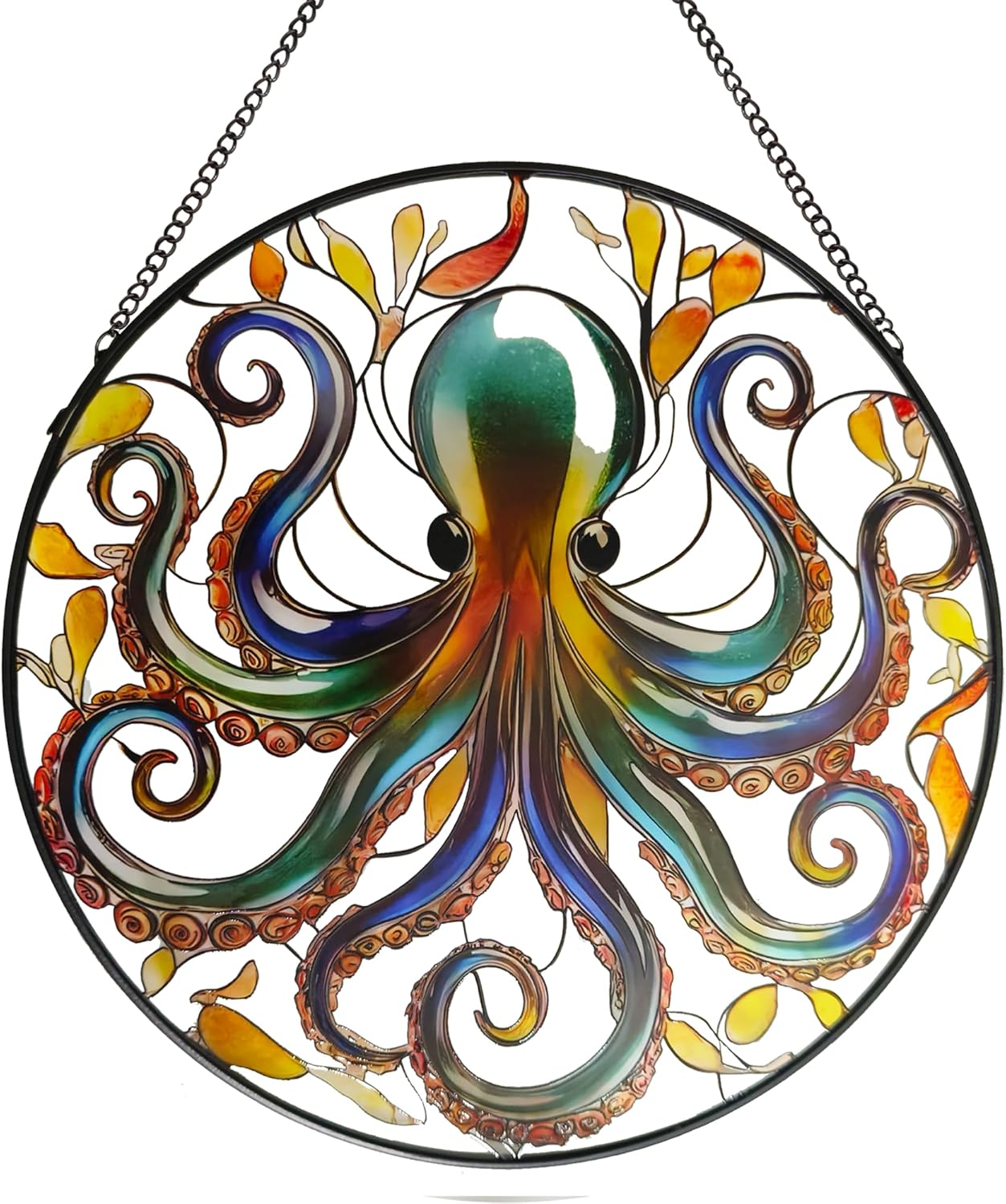Octopus Stained Glass Window Hanging, 9.8’’ Sun Catcher Glass Panel Ocean Theme Wall Art Decor with Chain, Birthday Gift for Sons, Daughters, Grandson