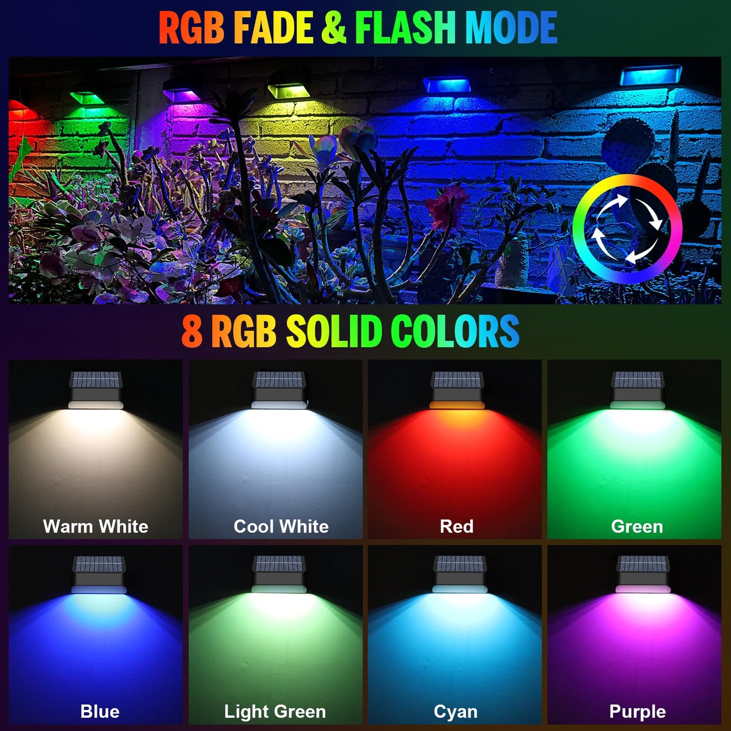 Yivsen Solar Fence Lights  Warm White & Rgb Fence Lights Outdoor Step Lights Outdoor Waterproof Led Solar Lighting For Outside  Backyard  Patio  Deck  Stair Handrail  Pool And Wall(12 Pack Black)