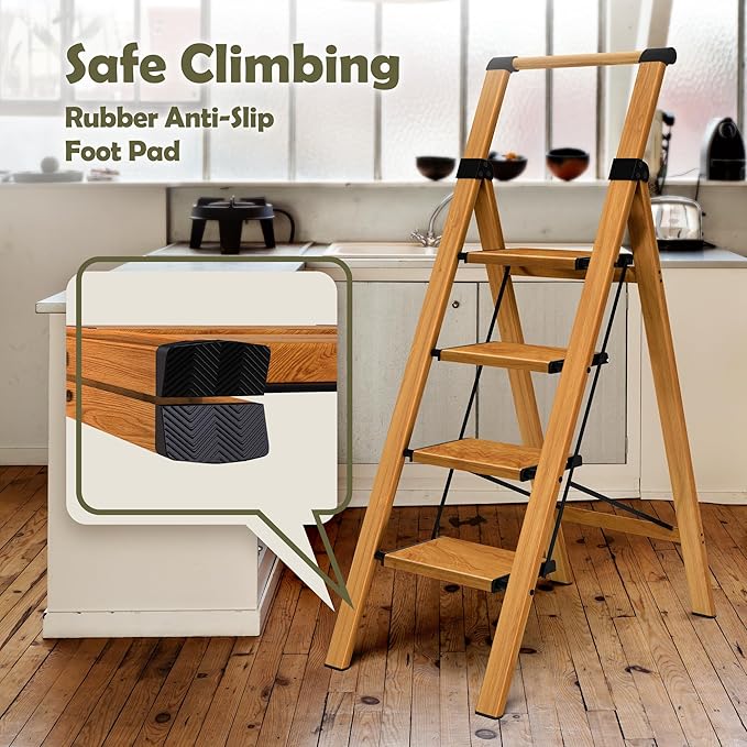 Taranta 4 Step Ladder, Portable Folding Ladder with Wide Pedal, Lightweight Aluminum Step Stool with Convenient Handgrip, 330 lbs Capacity Stepladder for Home, Office - Woodgrain
