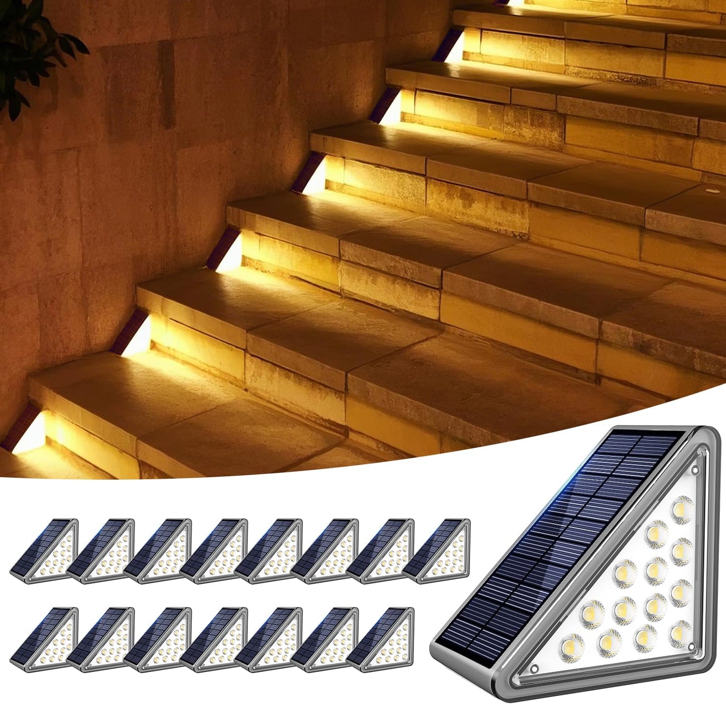 JEJOT Solar Step Lights Outdoor Stair Light, Deck Lights Outdoor Powered IP65 Waterproof, 2CCT Solar Outdoor Step Light, Decor for Stair, Deck, Step, Sidewalk, Porch and Outside Patio,2CCT,16 Pack