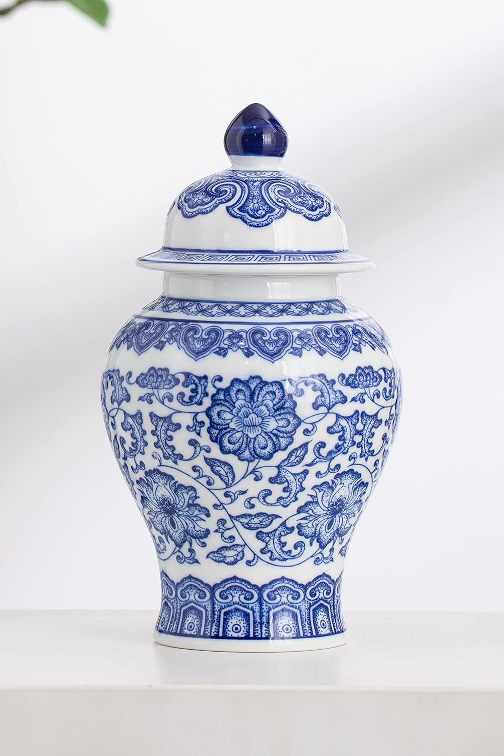 Blue and White Ginger Jar, Ceramic Chinoiserie Decorative Jars for Home, Office, Flower Vase Pocelain, Glossy Vase for Table, Living Room, Bookshelf, Mantle Fireplace, Centerpieces, 9.8"H