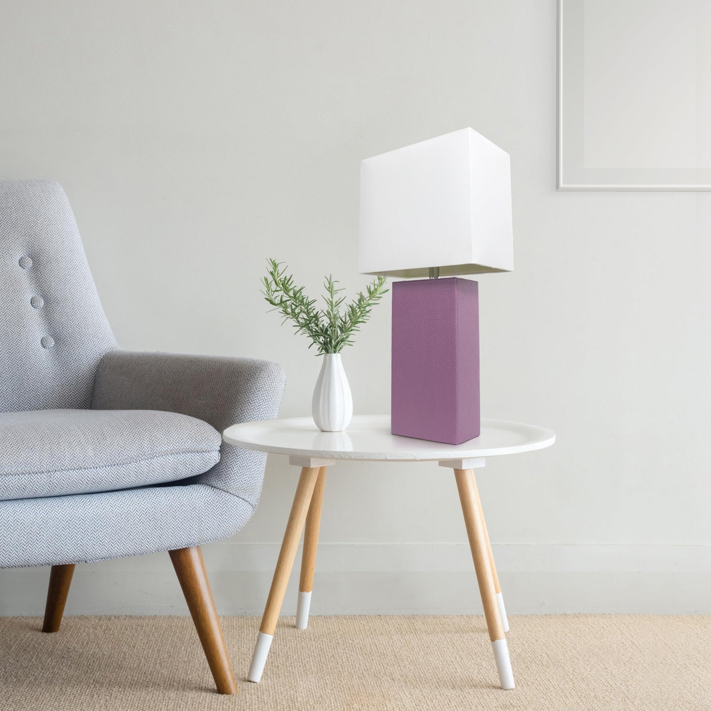 LALIA HOME Lexington 21in Leather Base Bedside Table Lamp, Purple Fabric Shade, Modern Décor for Living Room, Bedroom, Office
