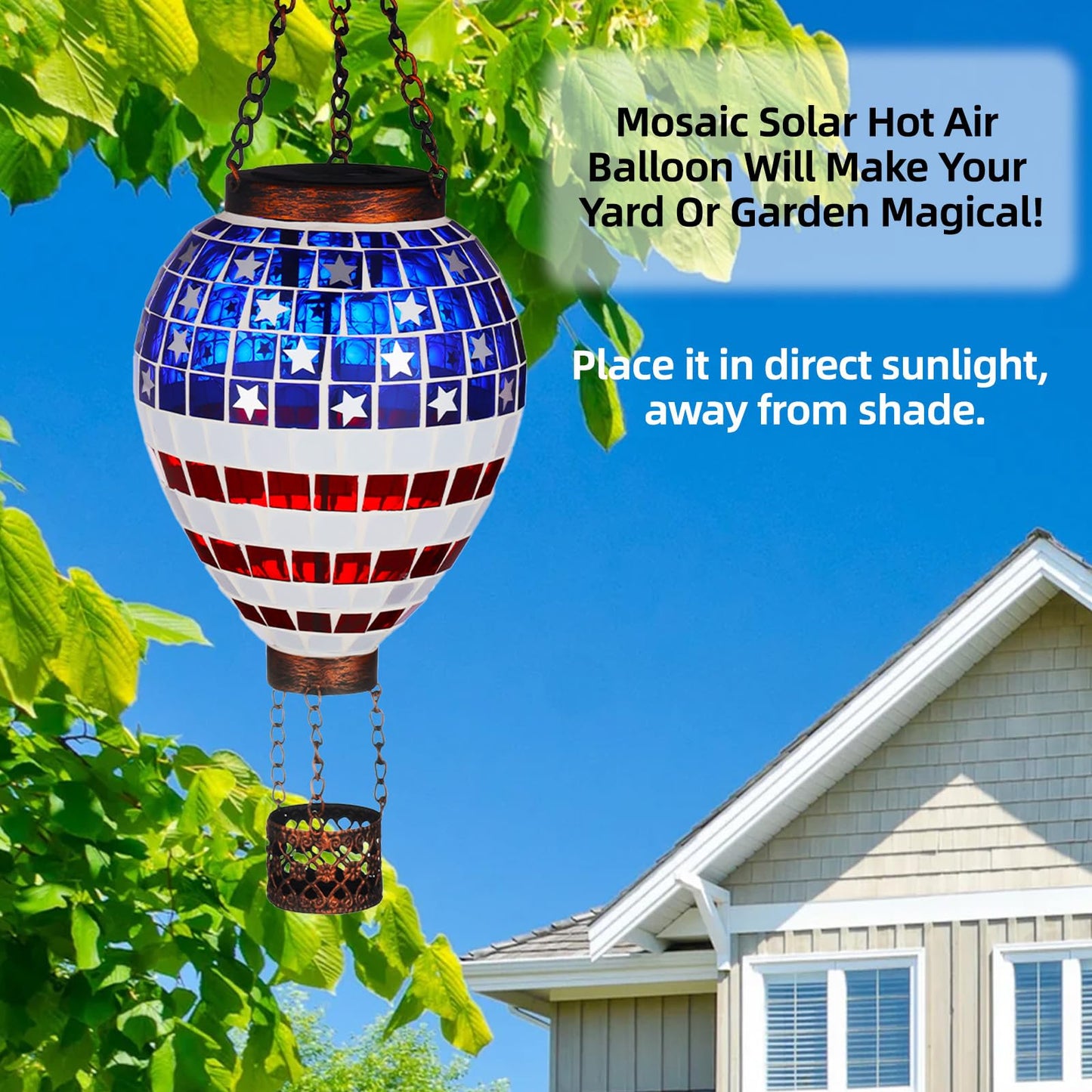 Voreen American Flag Hot Air Balloon Solar Lantern  Handmade Mosaic Outdoor Hanging Wind Light  Ip44 Waterproof  Patio Decorations  Gift For Mom Wife Friend  Patriotic Theme  4Th Of July Decor