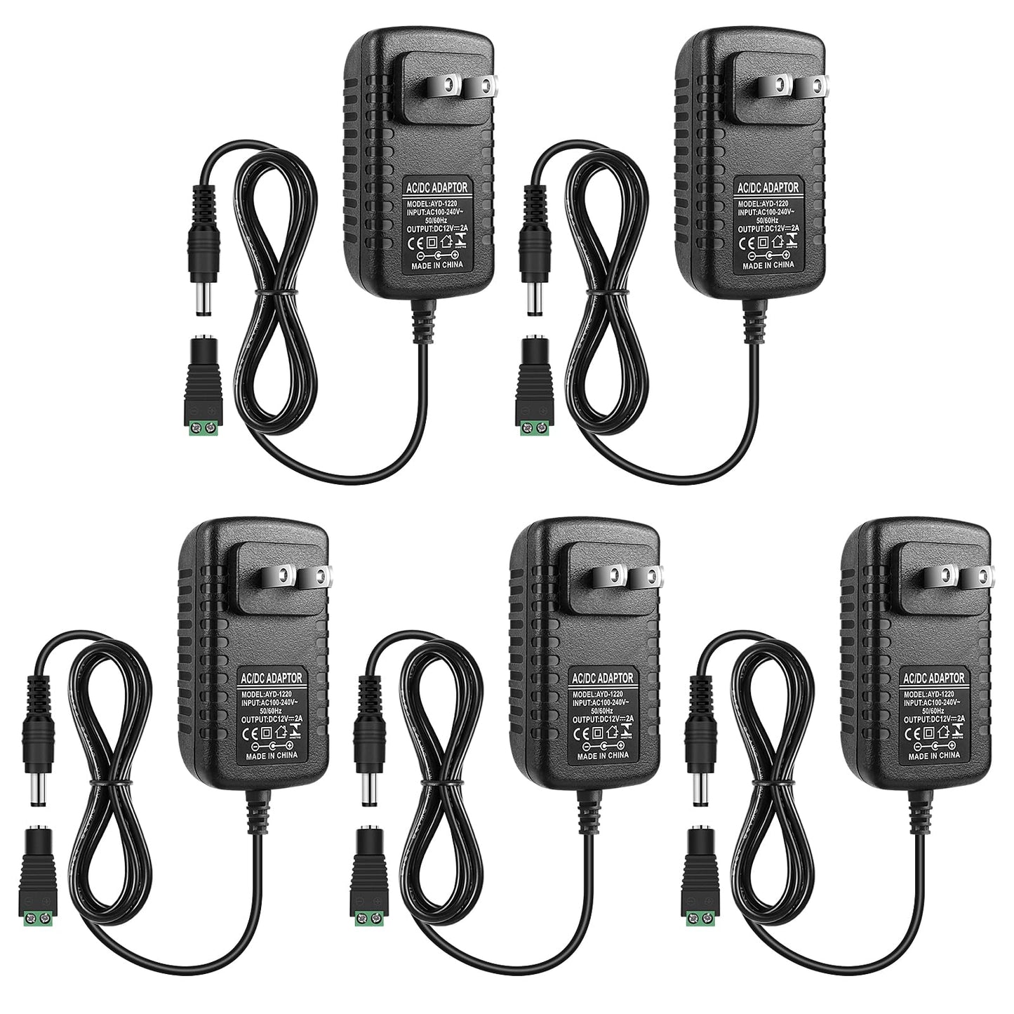 inShareplus DC 12V Power Supply, 5 Pack 12 Voltage 2A 24W LED Wall Power Supplies Adapter, AC 110V to 12 Volt Power Supply for LED Strip Light with 5.5/2.1mm DC Female Barrel Connector