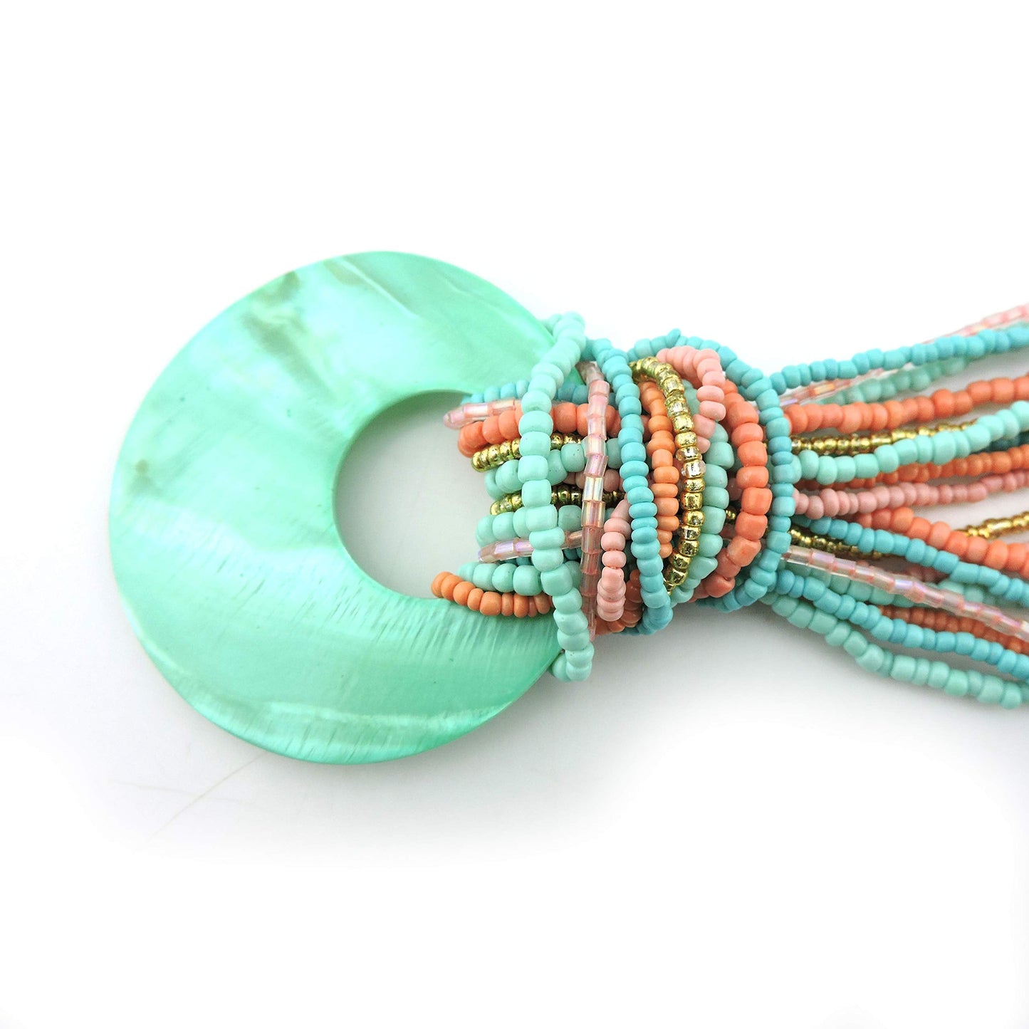 Coiris Multi Strand Statement Colorful Beaded Necklace with Big Circle Shell Pendant for Women (N0055)