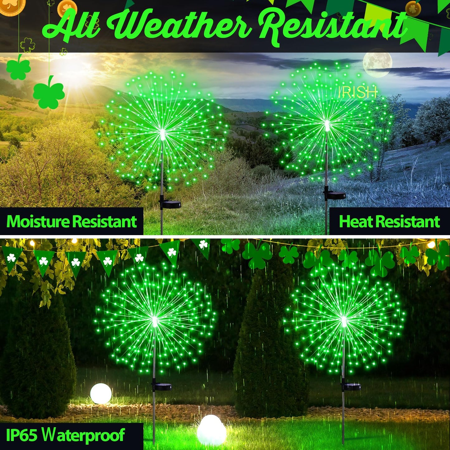 Tujoe 4 Pcs St Patricks Day Solar Lights Solar Firework Lights Decoration 180 LED 8 Modes Waterproof LED Stake Sparkler Decor for Irish Walkway Pathway Driveway Garden Patio Yard Lawn(Green)