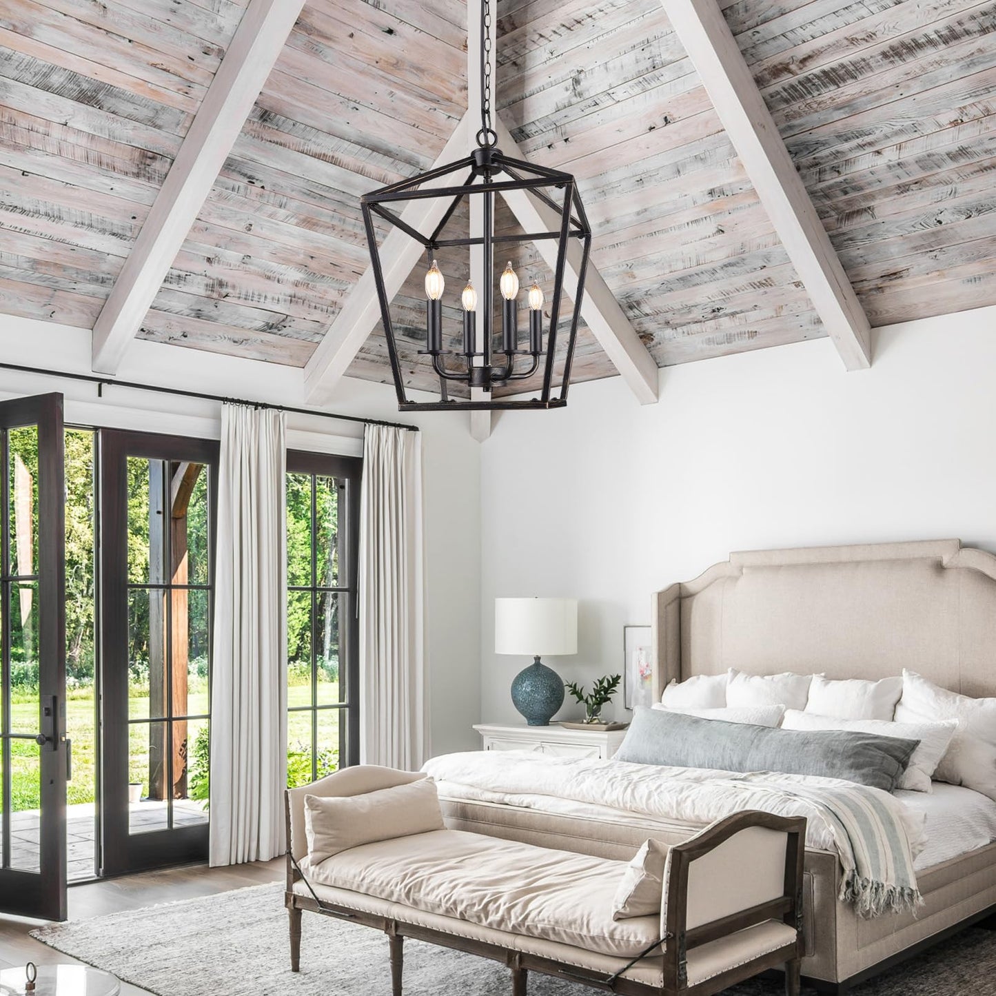 Farmhouse Chandelier 4-Light  Black & Gold Pendant Light Fixture For Kitchen Island Dining Room  Lantern Industrial Lighting Ceiling Hanging With Metal Cage Adjustable Height For Entryway Foyer