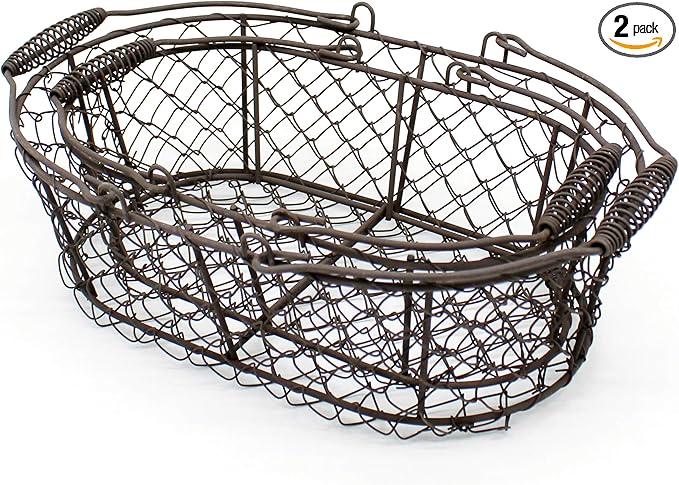 CVHOMEDECO. Oval Metal Wire Egg Basket Wire Fruit Basket with Handle Primitives Vintage Style Storage Basket. Rusty, Set of 2