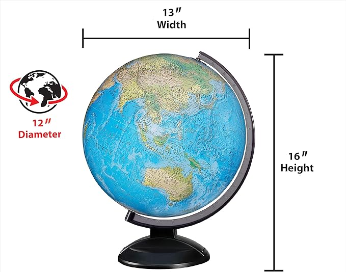 Replogle Ready to Assemble World 12" Diameter Globe, USA Cartography, Modern Acrylic Stand and Blue Ocean. Easy to assemble globe that shows Political borders and provincial borders, major ocean currents, detailed lakes, rivers, tributaries and canals.
