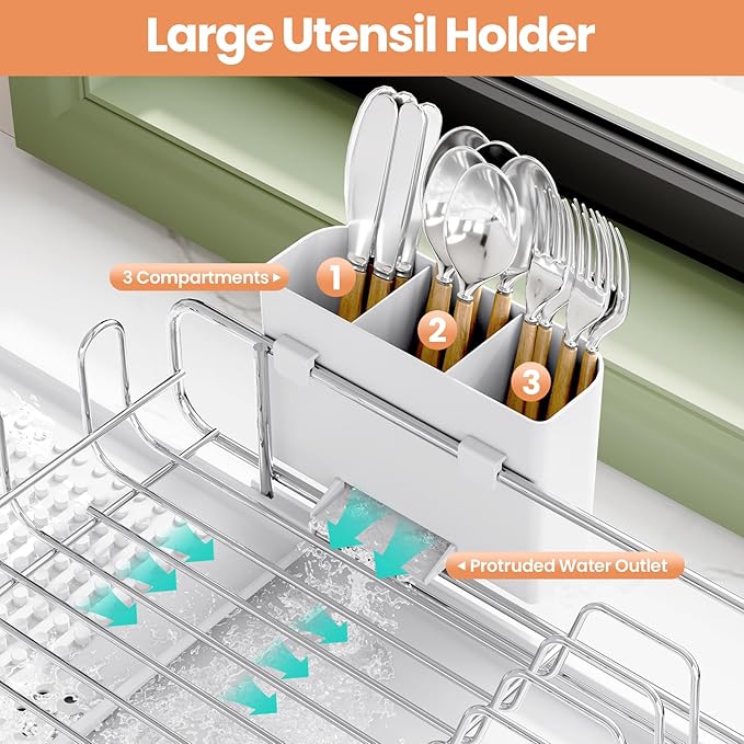 TOOLF Dish Drying Rack - Large Expandable Dish Rack for Kitchen Counter, Stainless Steel Dish Drainer for Kitchen Organization with Cutlery ＆ Cup Holder,White