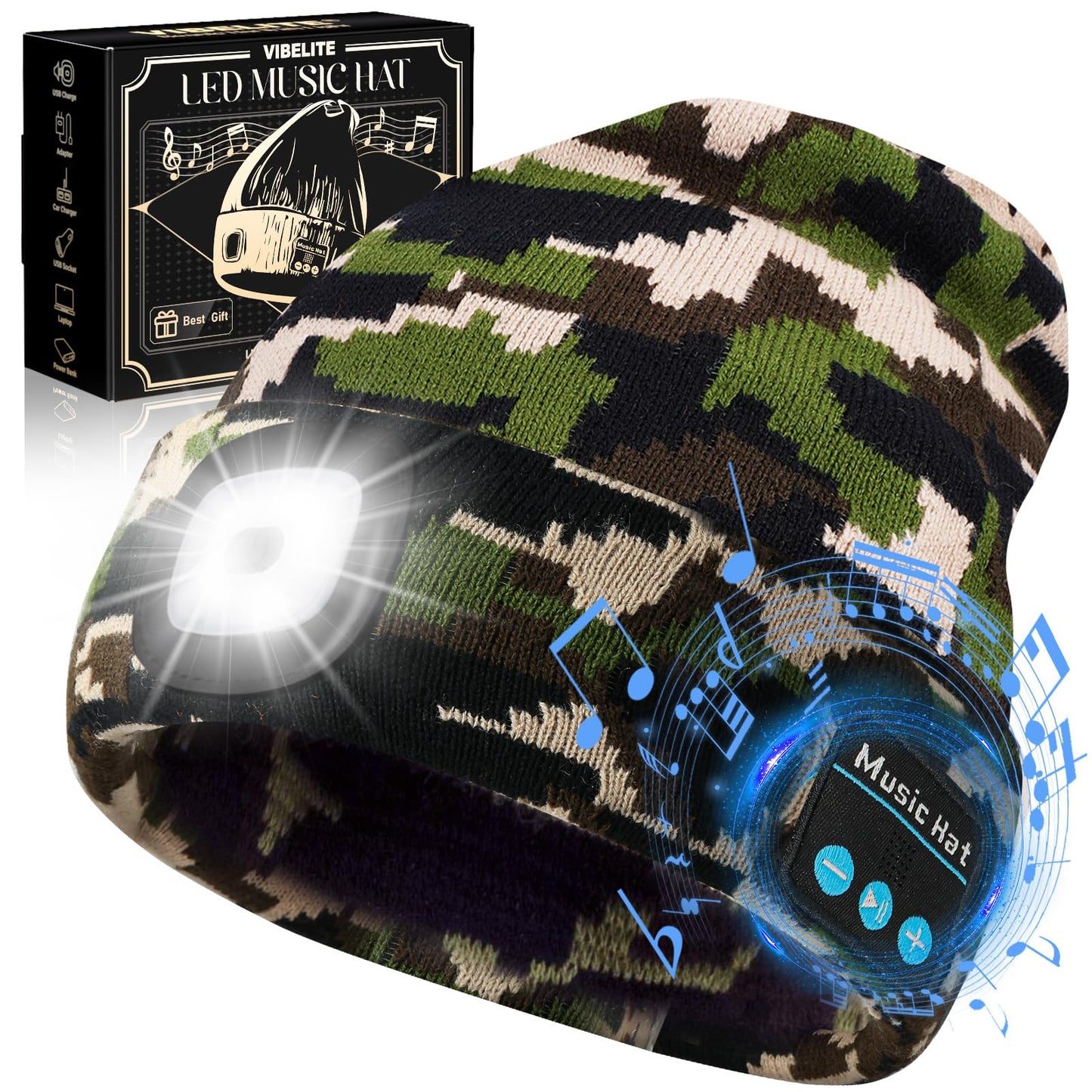 Vibhigh-standard Bluetooth Beanie Hat With Light  Usb Rechargeable Led Headlamp With Wireless Headphones  Christmas Gifts Stocking Stuffers For Men  Teen Boys  Him  Husband  Boyfriend  Camouflage