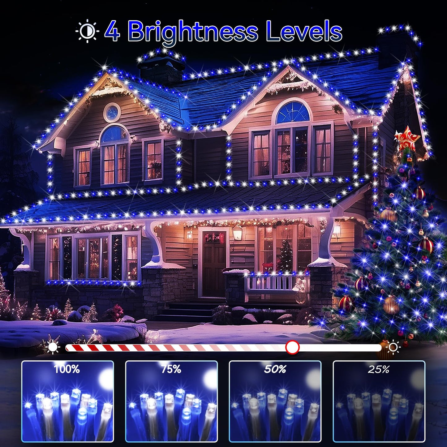 Hezbjiti 2 Pack LED Christmas String Lights, 1000 LED 403FT, IP44 Waterproof, Dimmable, Blue+White, Clear Wire, Model HB01-MNO100