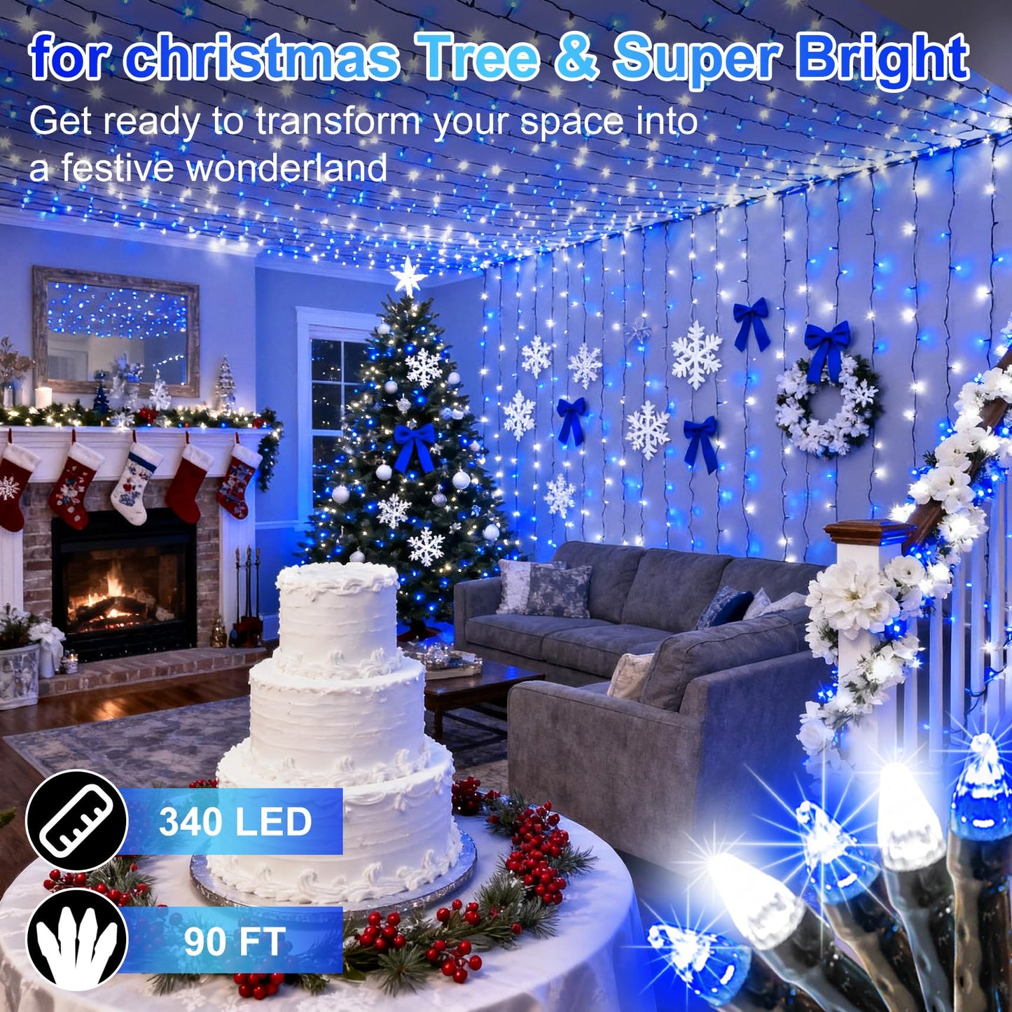 340 Led 90Ft Christmas String Lights Outdoor  12 Pro Modes And Timer Memory & Brightness  Plug In Waterproof Dark Green Wire Twinkle Light For For Xmas Yard Tree Wedding Party Decor (Blue & White)