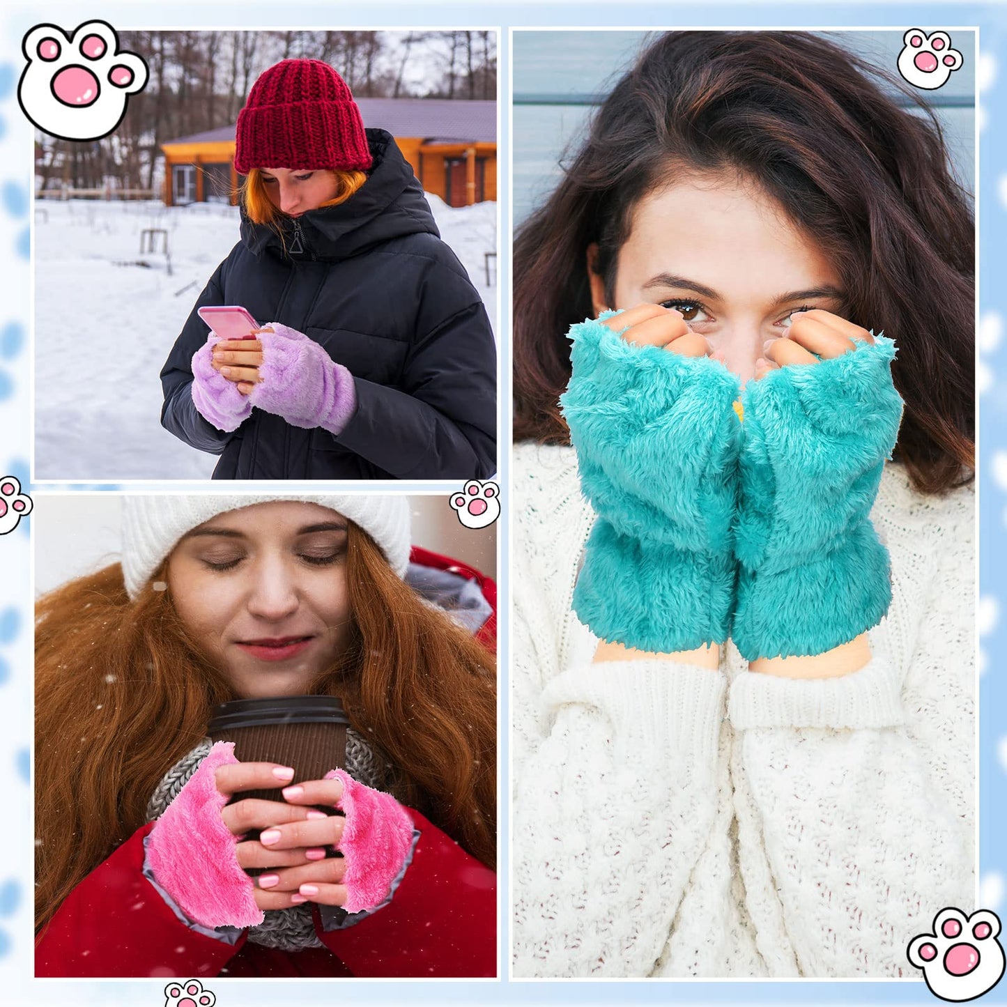 Geyoga 3 Pairs Cat Paw Gloves Kawaii Fur Plush Cat Bear Furry Paws Winter Fingerless Gloves for Girls Women Halloween Cosplay(Rose Red, Purple, Peacock Blue)