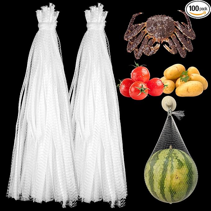 100Pcs Produce Mesh Bags,20 Inch Seafood Boil Bags Packing Supplies Net,Reusable Mesh Nylon Netting Bulk Storage Bag for vegetables Storage Fruits Seafood and Other Agricultural Products(White)