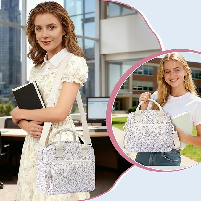 Quilted Lunch Box for Women,Large Pink Floral Insulated Lunch Bag for Adult,Cute Lunch Tote Bags for Work Picnic Travel(Pink Floral,M)