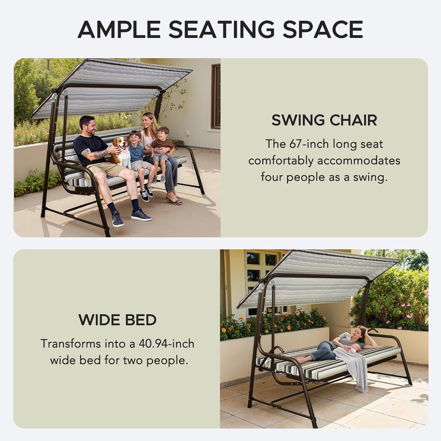SUNJOY 3-4 Seat Luxury Outdoor Porch Swing, Steel Patio Swing with Elastic Metal Mesh Seat, Convertible Design, Cushion and Adjustable Canopy for Garden, Poolside, Backyard, Bronze - Made in Italy