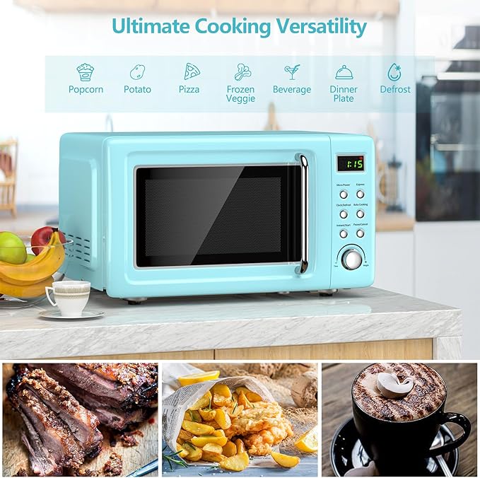 Moccha Retro Microwave, 0.7Cu.ft Compact Microwave, 700-Watt Countertop Microwave Ovens w/5 Micro Power, Delayed Start Function, LED Display, Child Lock, Small Microwave (Green)
