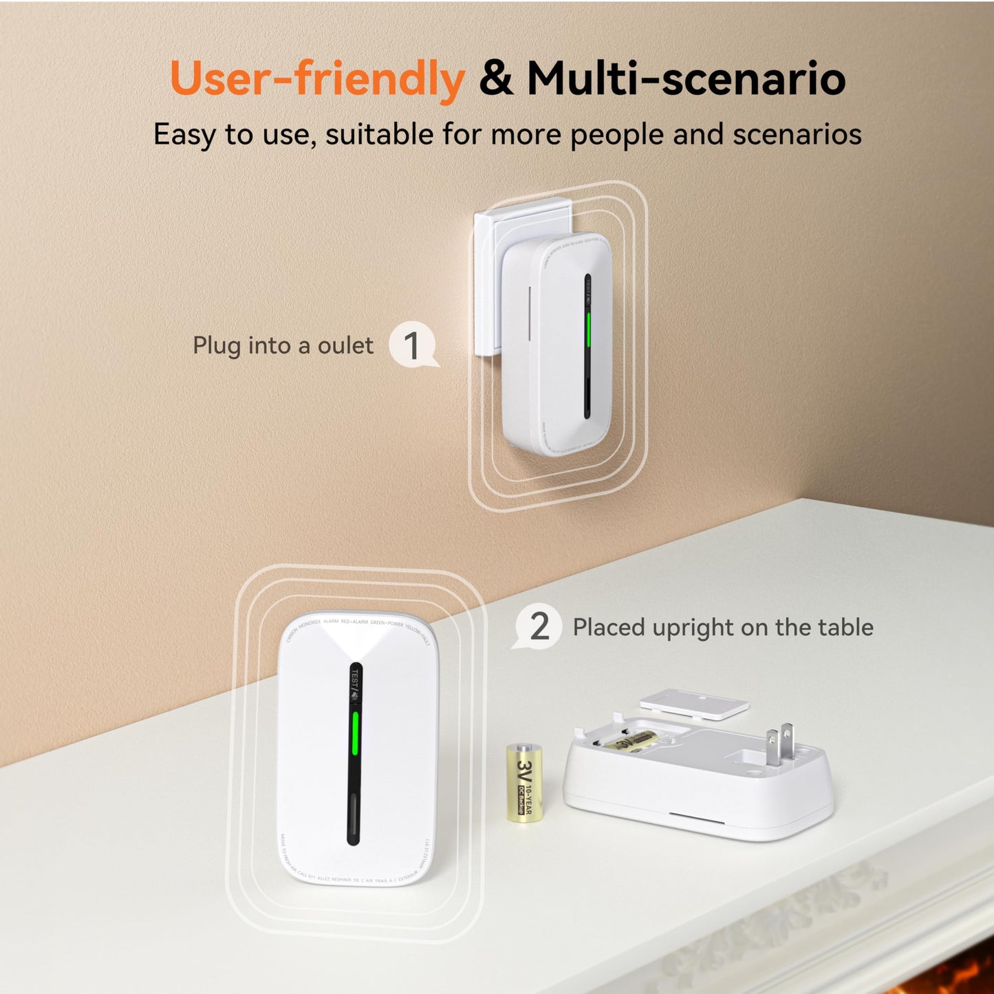 Jemay Carbon Monoxide Detector Plug in,10 Year Battery Power Carbon Monoxide Alarm with Test-Button & Breathing Light, Portable CO Detectors for Travel Home Office RV Hotel,1 Pack