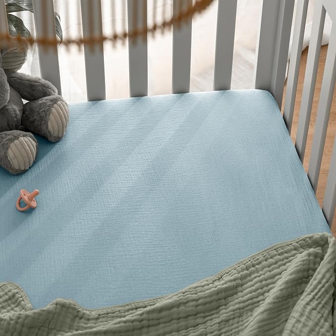 Comfy Cubs 100% Muslin Cotton Fitted Crib Sheet - Soft, Standard & Breathable Crib Sheets for Toddler Mattress - Snug Fit, Secure Elastic with Beautiful Packaging for Boys & Girls - Sky Blue