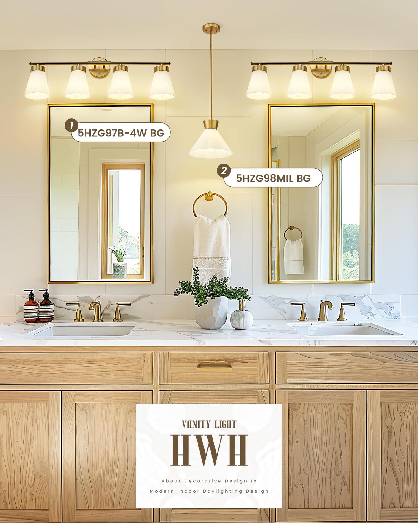 Bathroom Light Fixtures Brushed Gold  Hwh 4 Light Vanity Lights Over Mirror  Modern Wall Lamp Bathroom Lighting With Frosted White Striped Glass  5Hzg97B-4W Bg