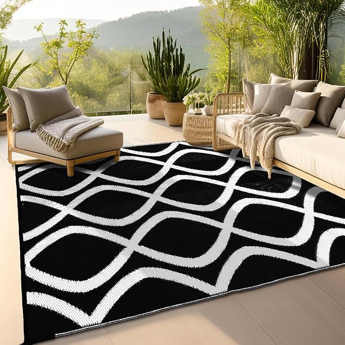wikiwiki Outdoor Rug, 8x10ft Waterproof Reversible Mat Indoor Outdoor Rugs Carpet, Small Area Rug Plastic Straw Rug for Patio Deck Balcony Pool RV Camping Beach Picnic, Black & White, Rugscape Series