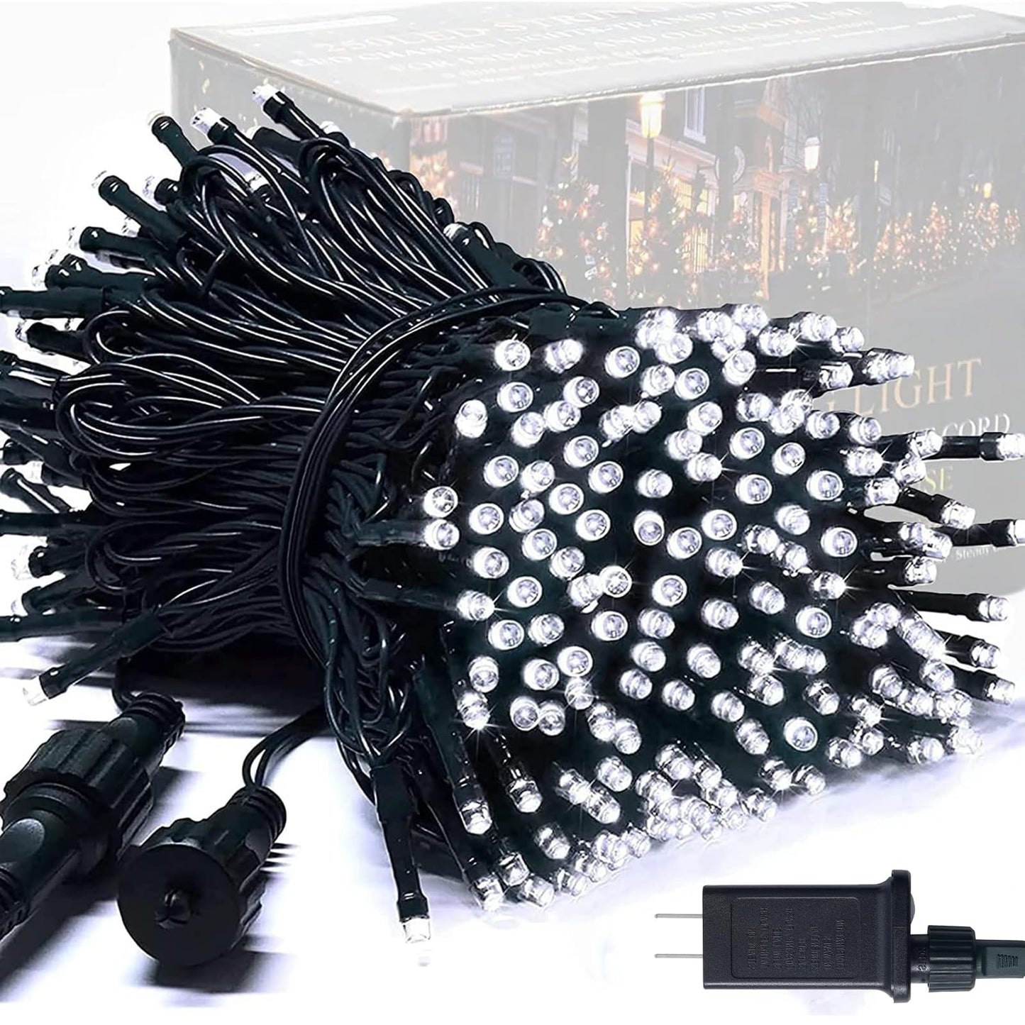 JMEXSUSS 250 LED White Christmas String Lights, 91.5ft Extendable Green Wire, Waterproof, 8 Modes, Indoor/Outdoor Use