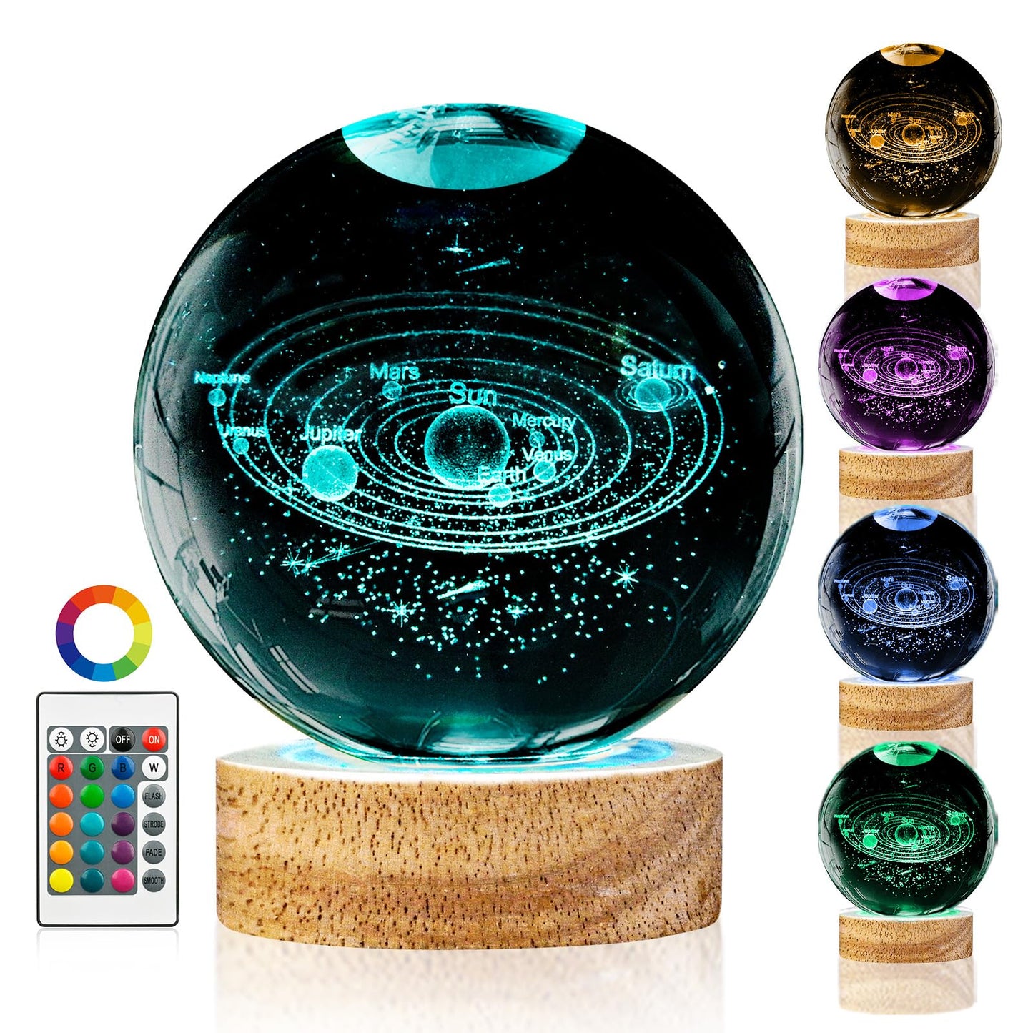 3D Solar System Crystal Ball Night Light With 16 Color Wooden Led Base Upgraded 3.15 In Galaxy  ts Ball Lamp With Remote For Birthday Christmas  Astronomy Space Gifts For Boys Girls Kids
