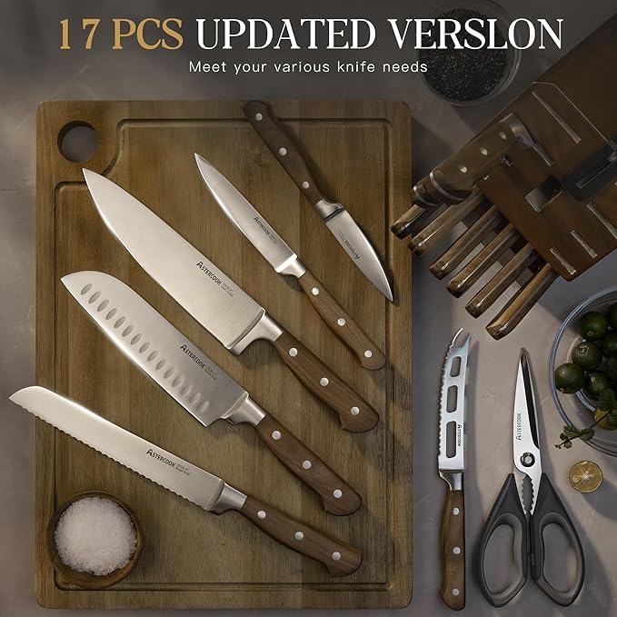 Astercook Knife Set, 17-Pieces Forged Kitchen Knife Set with Block – Full-Tang Stainless Steel Knives, Forged Triple Rivet, Luxury Walnut Handles, Gift-Ready Collection