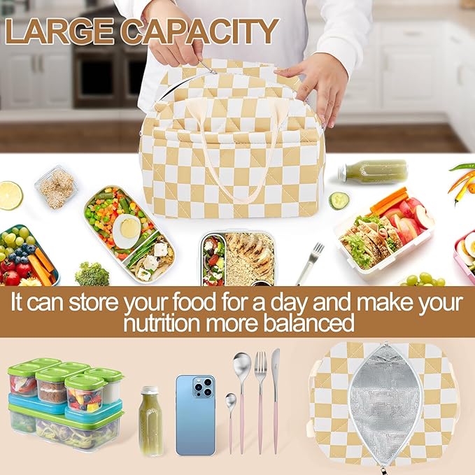 Cotton Quilted Insulated Lunch Bag, Cute Quilted Floral Lunch Tote Bags Reusable Insulated Lunch Box Coquette Aesthetic Large Capacity Insulated Cooler for Women Work Travel Picnic (Checkered Brown)