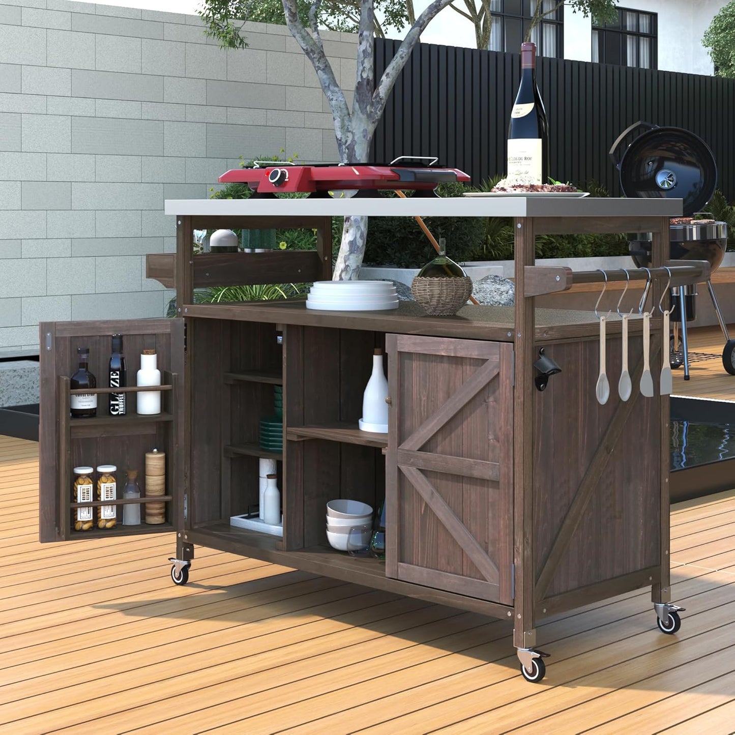 Outdoor Grill Carts for Patio Graden BBQ with Storage Cabinet, Home Rolling Kitchen Island Bar Cart with Stainless Steel Top, Food Prep Table with Shelves, Spice Rack & Towel Holder (Dark Brown)