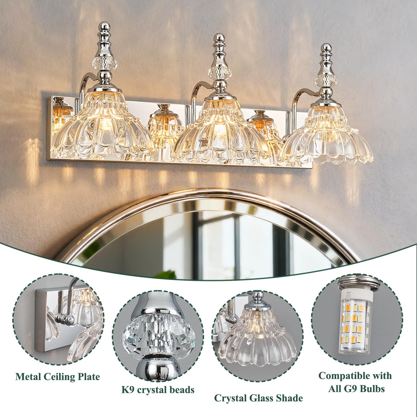 Lbsqj Vintage Bathroom Vanity Light  3-Light Chrome Vanity Lighting Fixture With Flower Glass Shade  Bathroom Lighting Fixtures Over Mirror