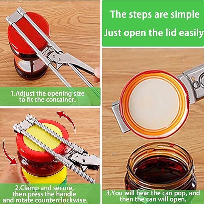 2026 Upgrade Adjustable Stainless Steel Jar Opener, New Jar Opener for Weak Hands, Multifunctional Lid Gripper & Bottle Opener with Handle, Easy-Open Kitchen Tool for Seniors and Kids (2 Pcs)