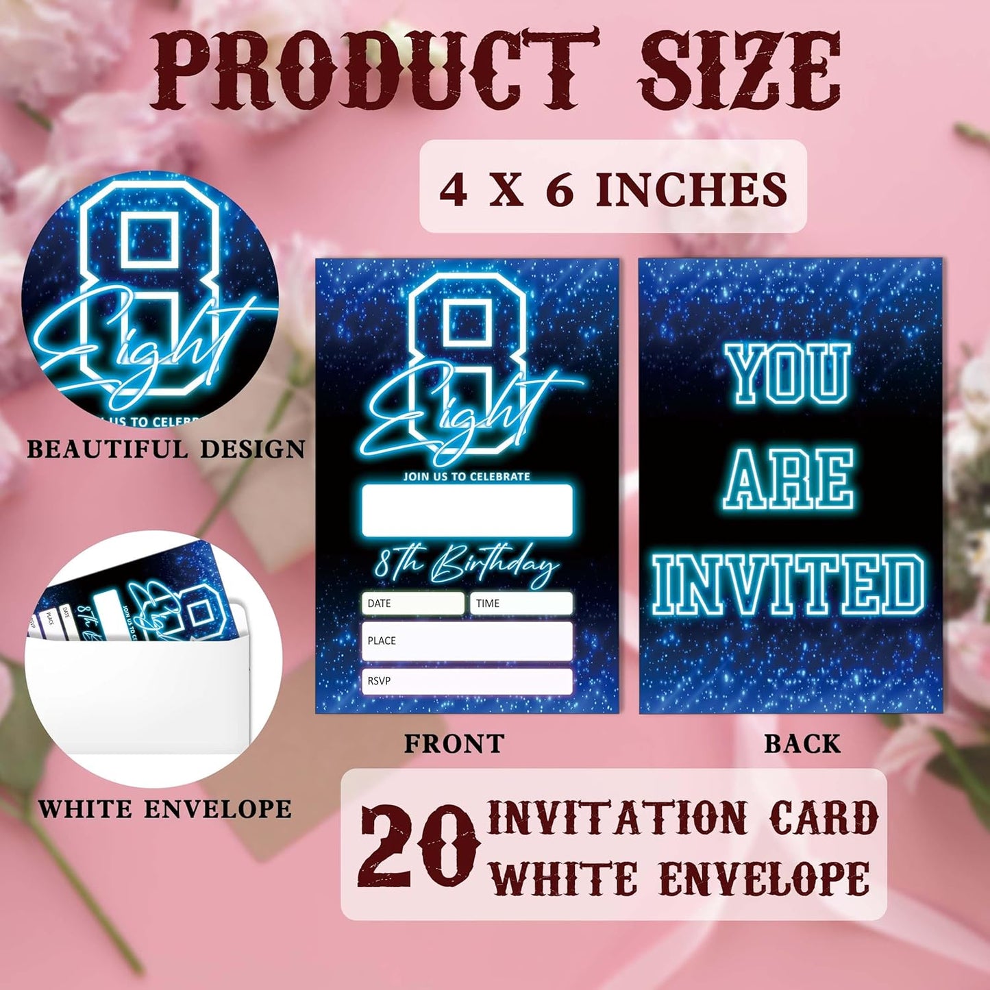 SIXEIGHT Blue 8th Birthday Party Invitations for Boys, Glow Neon Birthday Invitations, 20 Double Sided Invite Cards with Envelopes for Kids Girls, Party Decorations Supplies, 4"x6"-C08