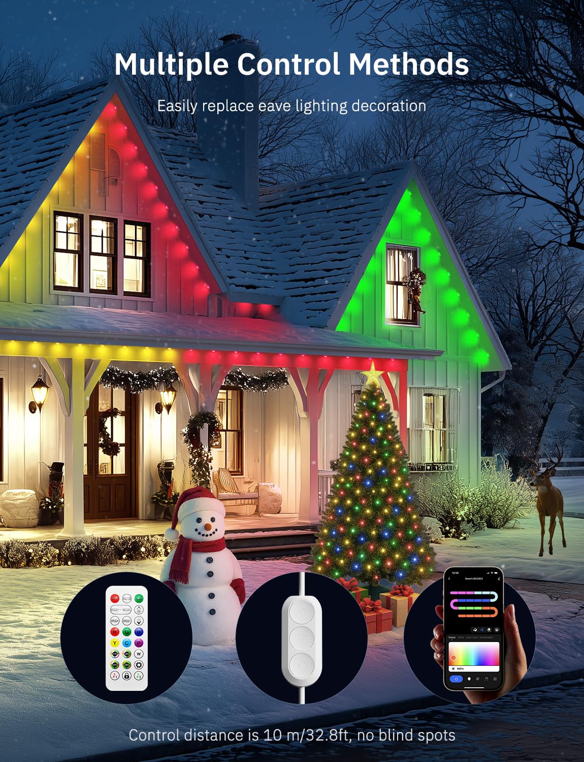 Lemonlovely 100Ft Permanent Outdoor Ic+Rgb Lights  Ip67 Waterproof Smart Led Eaves Lights With App/Remote Control  Christmas Halloween Outdoor Light With Diy Decor For House Roof And Garden Lighting