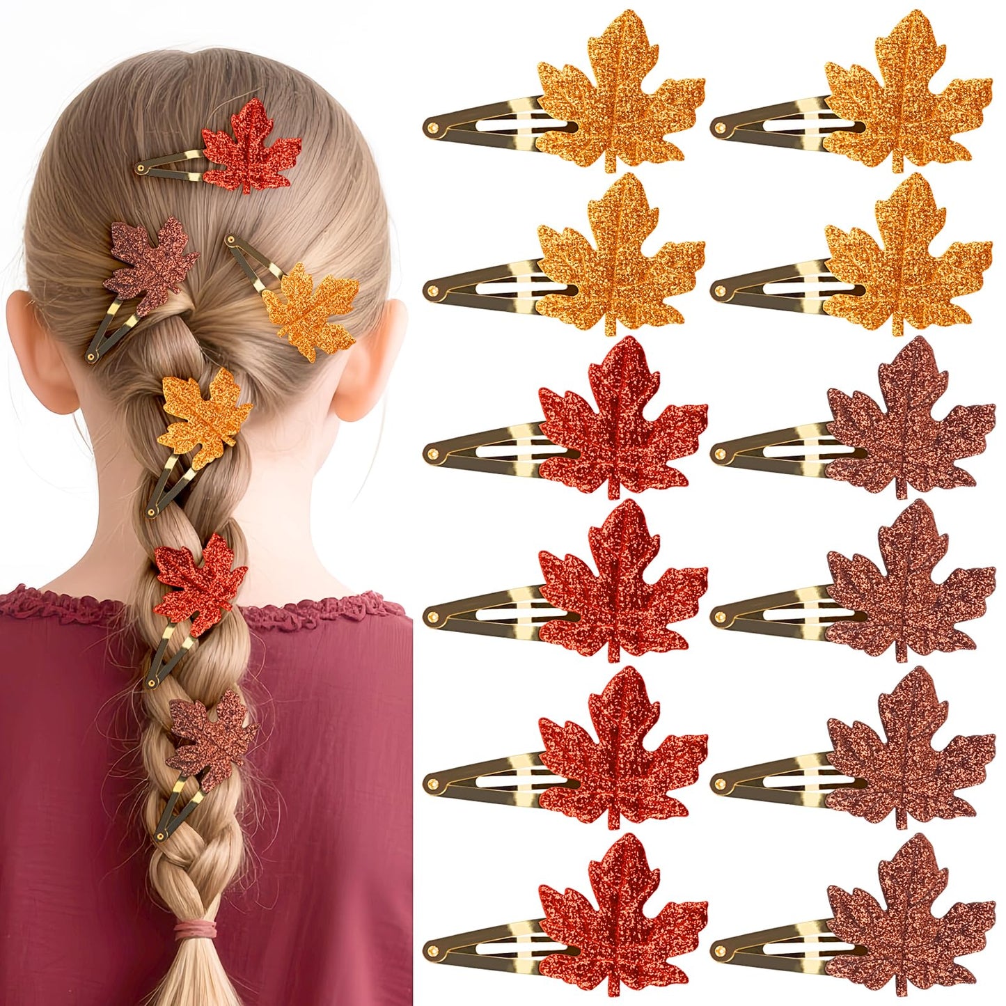 12PCS Fall Maple Leaf Hair Clip Glitter Red Brown Gold Autumn Hair Accessories for Women Thanksgiving Leaves Hair Clip Festive F