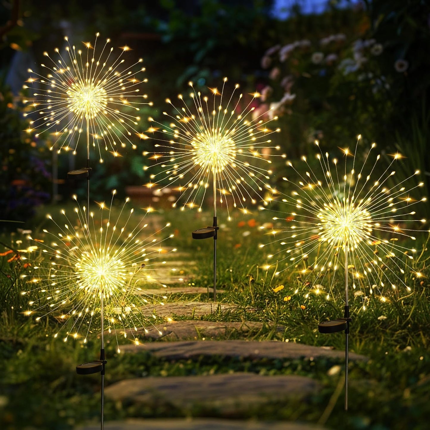 4 Pack Solar Firework Lights 200 LED Create Magical Nights, Waterproof Starburst Fairy Lights for Garden Yard Patio Christmas Romantic Wedding Party Decor(Warm White)