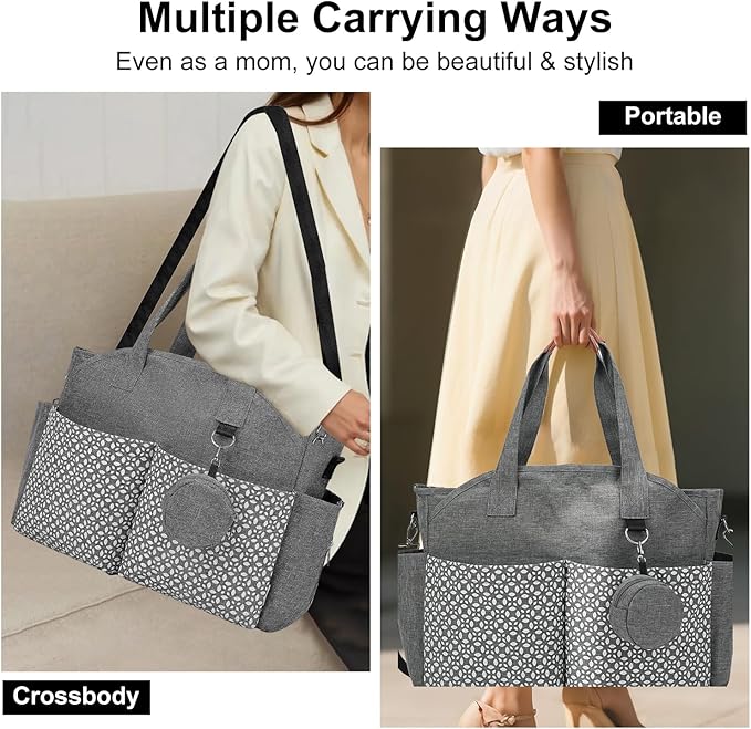 Diaper Bag Tote, Large Capacity Travel Diaper Baby Bags Crossbody Hospital Mom Bag，with Silicone Pacifier Case