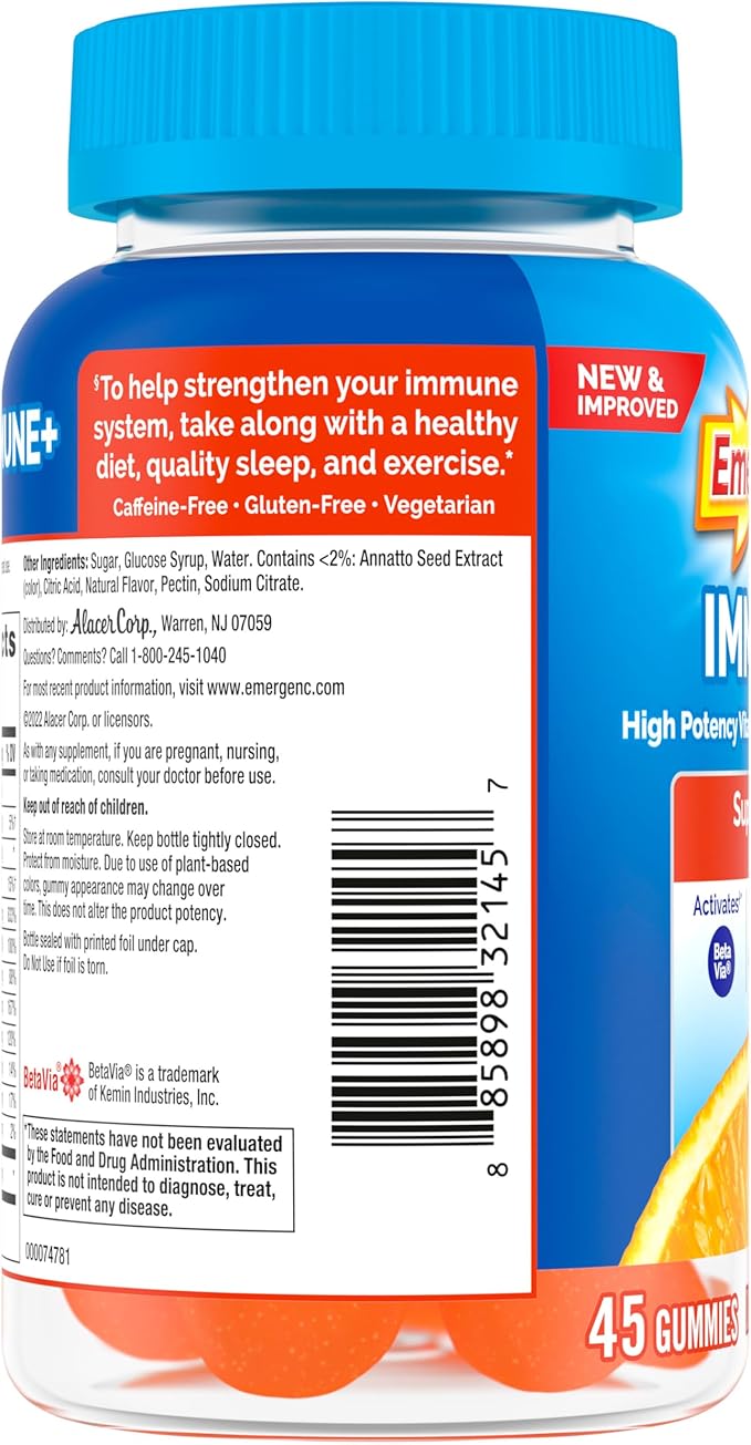 Emergen-C Immune+ Immune Gummies, Vitamin D plus 750 mg Vitamin C, Immune Support Dietary Supplement, Caffeine Free, Gluten Free, Super Orange Flavor - 45 Count