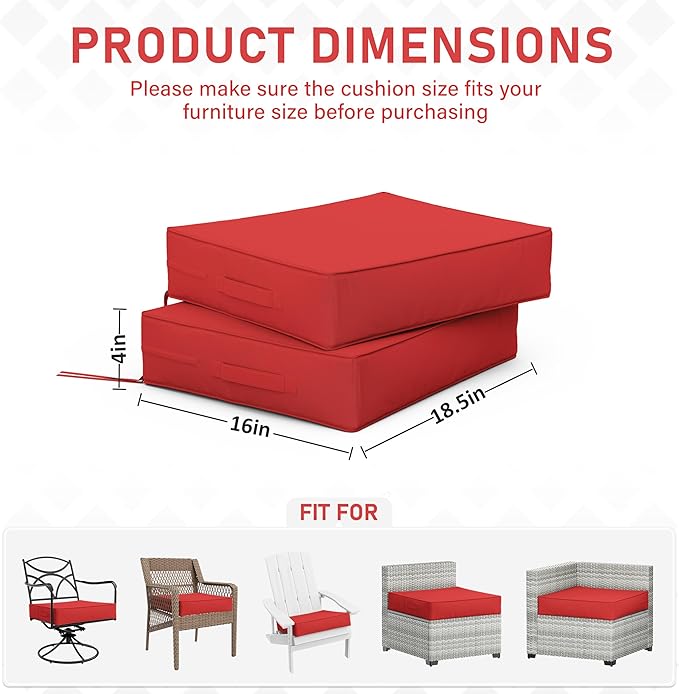 Patio Chair Cushions 18.5 X 16 X 4 Inch Waterproof Outdoor Seat Cushions for Patio Furniture, Outdoor Sofa Couch Pads with Ties & Handle, Set of 2, Red