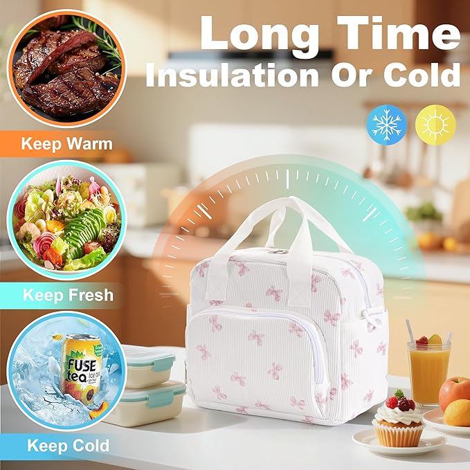 Large Lunch Bag for Women Insulated Lunch Box Reusable Cooler Bag Portable Cute Corduroy Leakproof Tote Bags for Travel, Work, and Picnic, Pink Bow