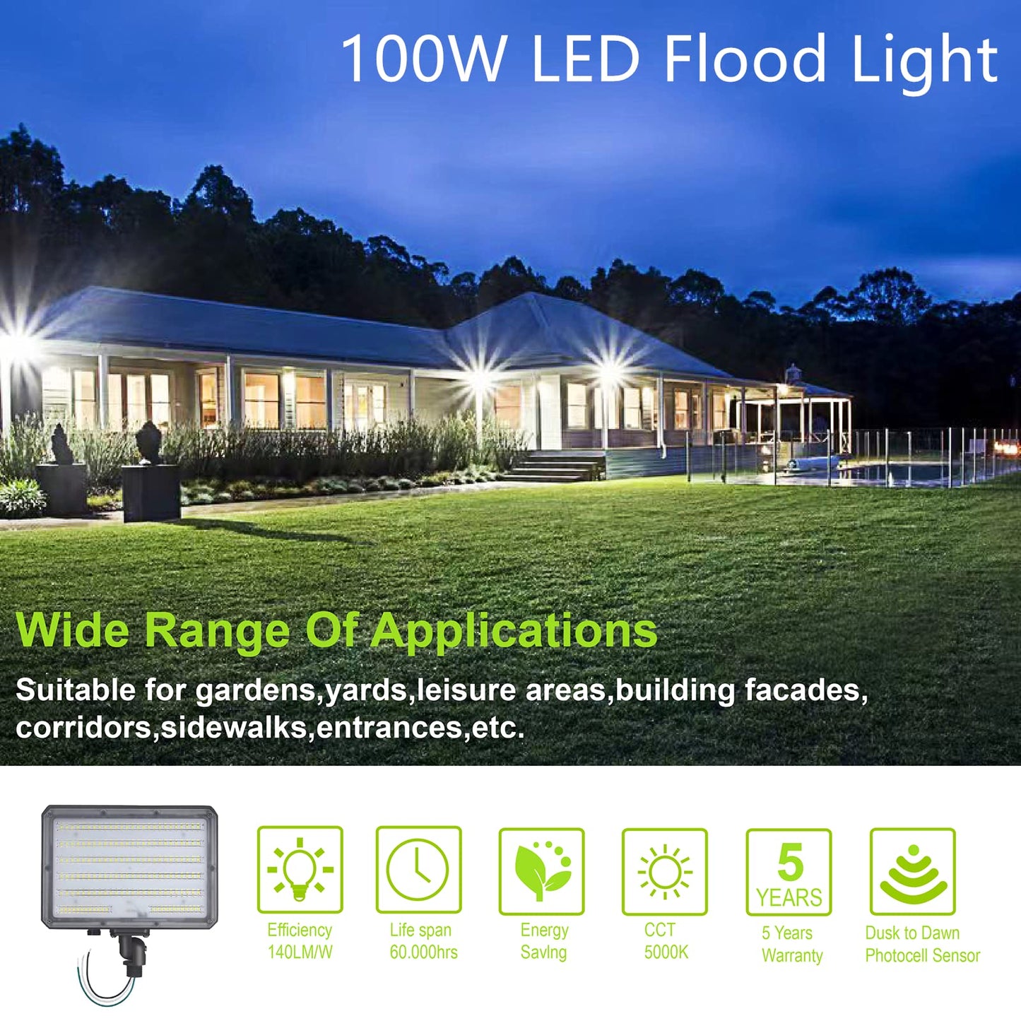 Paktonvo 100W Led Flood Light - Dusk To Dawn, 5000K, 14000Lm, Waterproof, Aluminum, Wall Mount, Model 100Wledfld, White