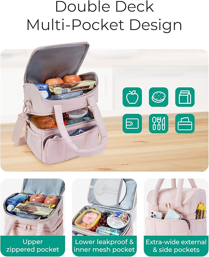 BAGSMART Lunch Bag Women, Double Deck Insulated Lunch Box, Quilted Puffer Lunch Tote, Leakproof, Durable & Reusable Large Lunch Cooler For Work Picnic Travel Meal Prep, Light Blue