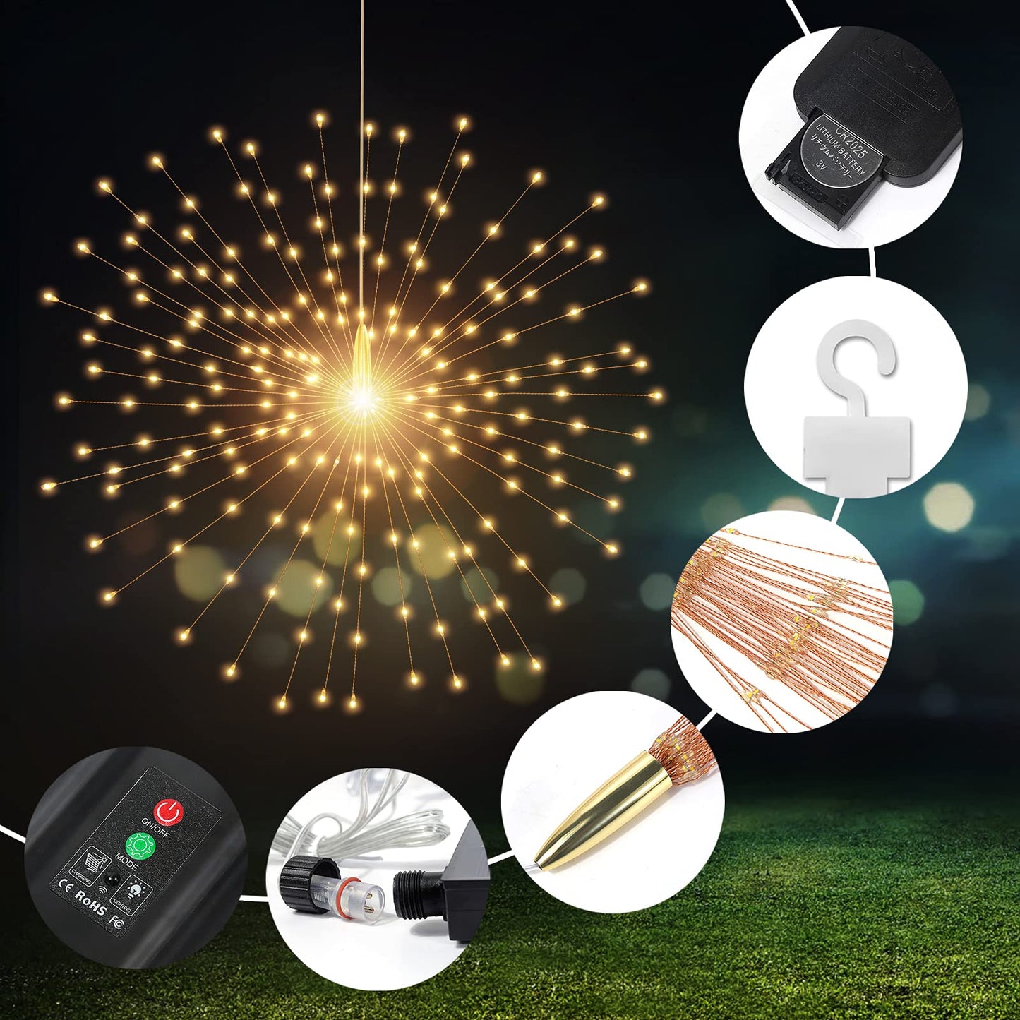 PXBNIUYA Solar Starburst Sphere Lights, 200 LED, 8 Modes, Waterproof, 5 Pack with Remote, Warm White