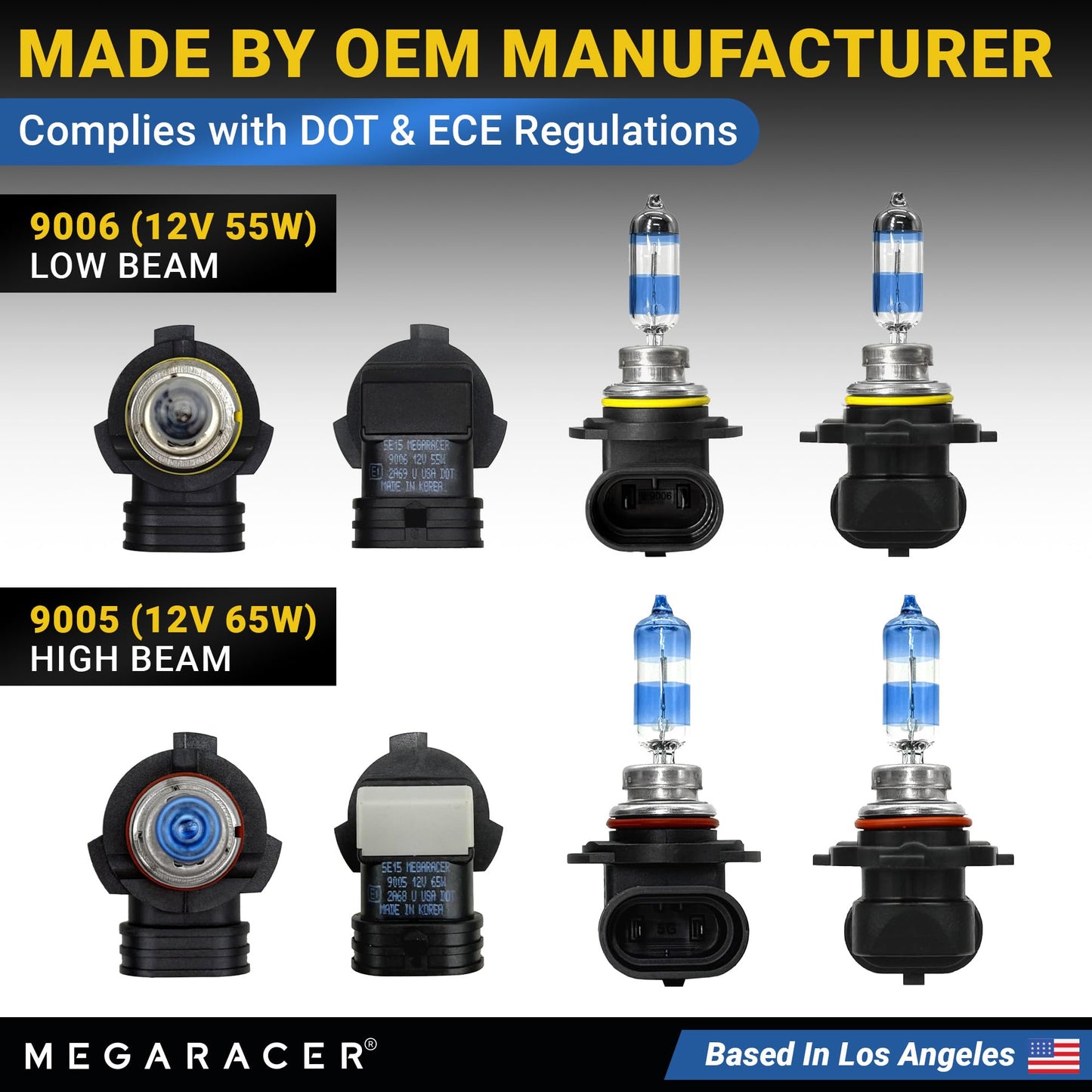 Mega Racer enhanced Halogen Headlight Bulbs Combo - 9006+9005, 12V, 55W/65W, White Light, Plug & Play, Low & High Beam (